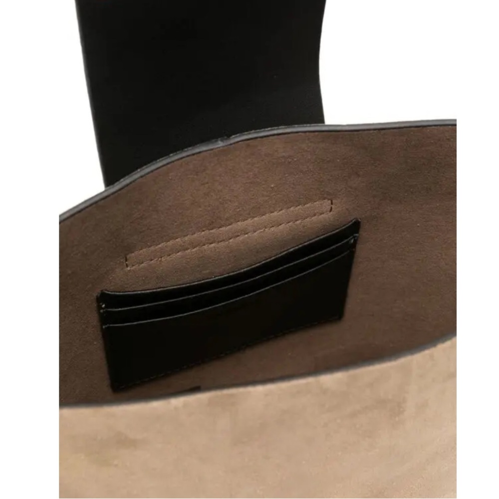 AllSaints Suede Crossbody Bucket Bag in Taupe with Black Strap - Picture 4 of 13